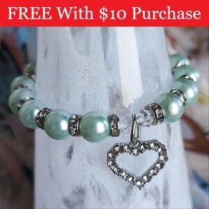 Mint Green Faux Pearl Bracelet Clear Rhinestone Heart Charm Bracelet RED BANNER